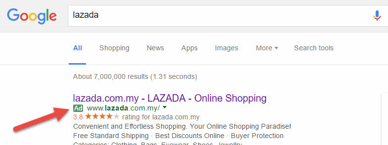 Lazada.com.my is paying for 'lazada' to rank top as an advertisement.